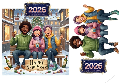 2026 New Year Celebration Scene – Winter Friends Card Topper