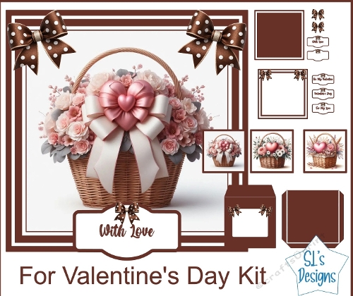 Valentines Day Floral Basket Kit with Bows, Frames & Tags | Romantic Card & Scrapbook Elements