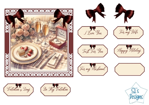 Elegant Valentines Day Dinner Scene Kit with Sentiments, Bows & Frames | Romantic Card Making Set