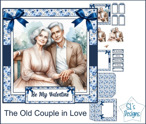 Old Couple in Love Valentine Printable Kit – Romantic Senior Love Card & Scrapbook Papers in Blue Floral Style