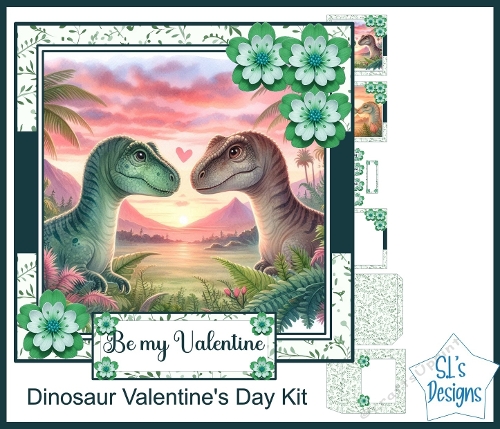 Dinosaur Valentines Day Printable Kit – Cute Dino Love Card Making & Scrapbook Papers with Green Floral Theme