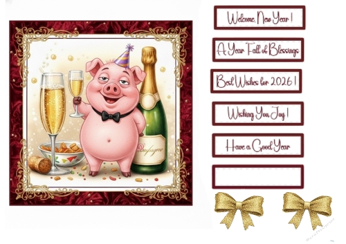 Cheerful New Year Pig with Champagne – 2026 Celebration Card Topper