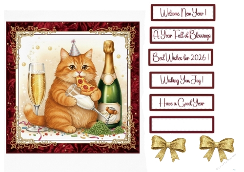 Funny New Year Cat with Pizza – 2026 Celebration Card Topper