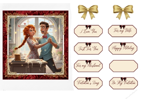 Funny Kitchen Valentine – Romantic Baking Card Topper with Tags & Bows