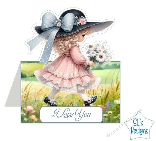 Vintage Little Girl with Flowers Card Topper – Shabby Chic Spring Floral Digital Craft Design