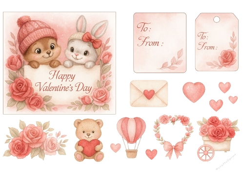 Valentines Day Watercolor Clipart – Bear & Bunny Love Bundle