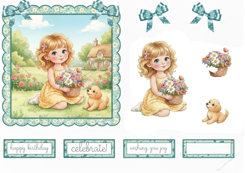 Cottage Garden Birthday - Girl with Puppy Card Topper