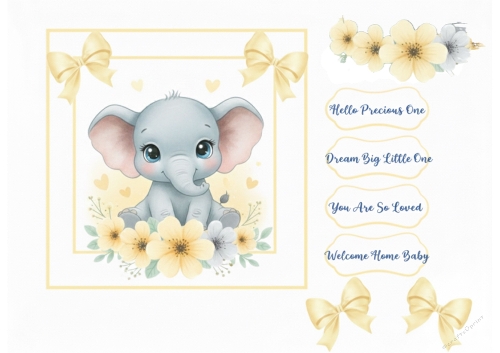 Sweet Baby Elephant - Newborn Card Topper with Floral Accents