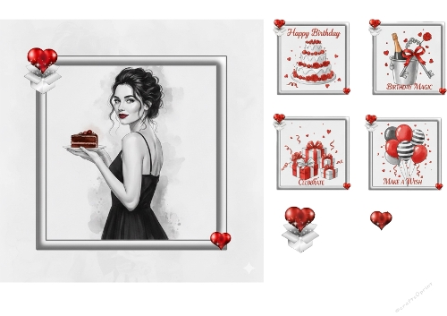 Elegant Birthday Glam - Woman with Cake & Celebration Icons Card Topper