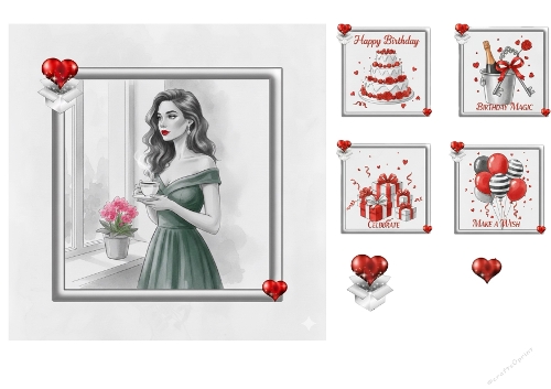 Birthday Elegance - Woman with Coffee & Celebration Icons Card Topper