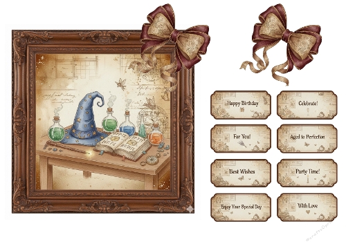 Wizards Desk Scene & Vintage Celebration Labels