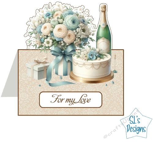 Elegant Blue Floral Celebration Card Topper – Cake, Champagne & Bouquet – Romantic Vintage Style