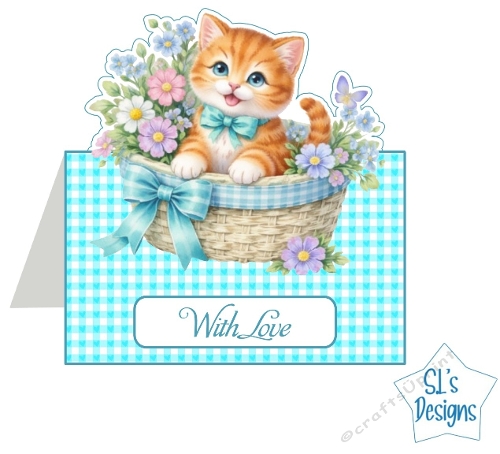 Cute Kitten in Basket Card Topper | Baby Animal Digital Die Cut | Nursery & Baby Shower Card Making