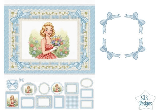 Vintage Floral Lady with Gingham Frames & Embellishments