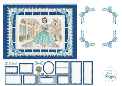 Vintage European Street Scene Kit with Blue Gingham Frames & Floral Accents