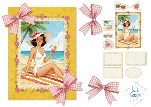 Vintage Seaside Lady Kit with Tropical Drink & Pink Gingham Accents