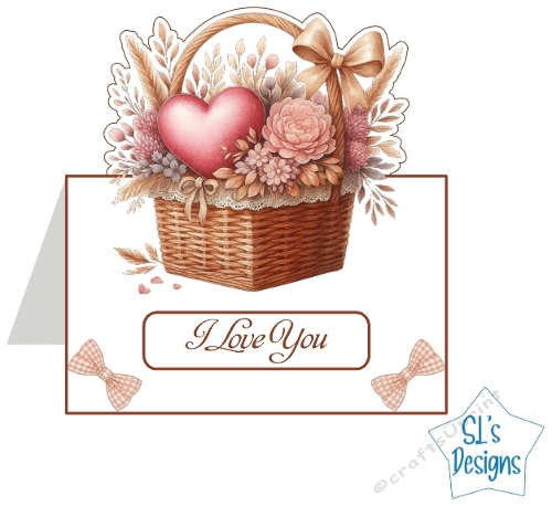 Romantic Heart Basket Card Front | Love Floral Basket Design | Valentine Anniversary Handmade Card Printable