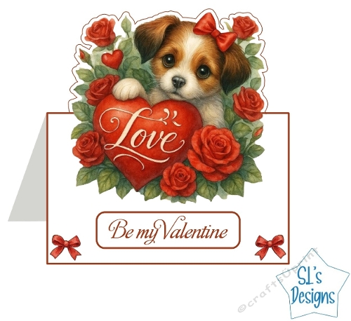 Cute Puppy Valentine Card Front | Dog Holding Heart Love Design | Romantic Floral Handmade Card Printable