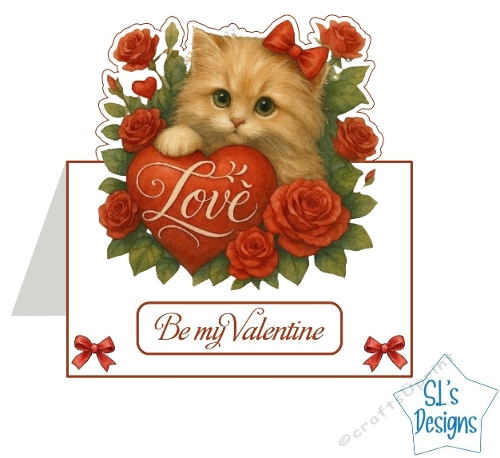 Valentine Kitten Card Topper with Roses – Cute Romantic Cat Love Design for Handmade Cards