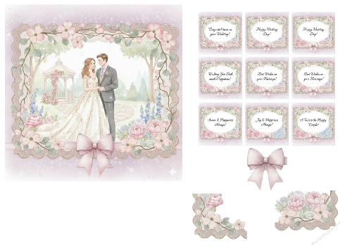 Romantic Floral Wedding Card Front & Sentiment Toppers – Elegant Bride and Groom Design