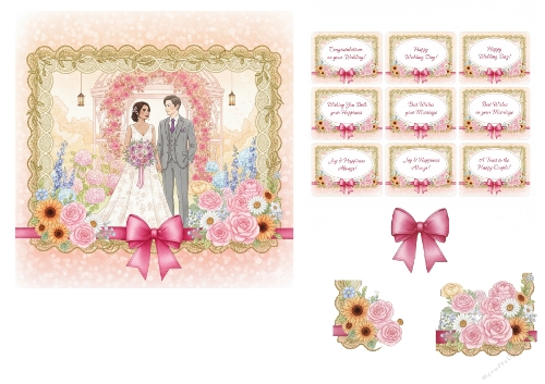 Floral Arch Wedding Card Topper with Pink Bow and Garden Romance