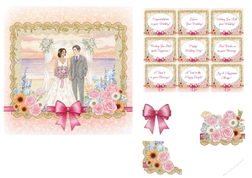 Sunset Beach Wedding Card Topper with Floral Arch and Pink Bow