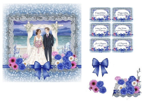Oceanfront Wedding Card Topper with Floral Arch and Blue Ribbon
