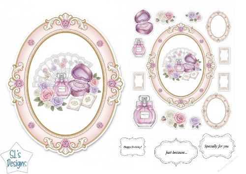 Vintage Romance Card Topper with Perfume, Pearls & Roses