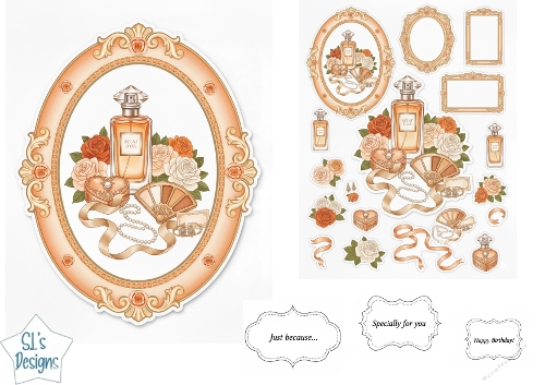 Vintage Perfume & Jewelry Card Topper with Peach Roses and Gold Accents