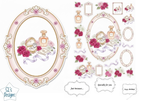 Romantic Rose & Jewelry Card Topper with One Love Perfume and Vintage Accents