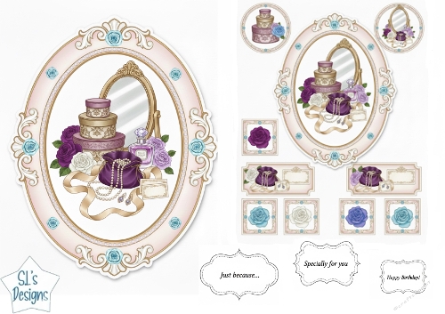 Vintage Vanity Card Topper with Bouquet Perfume, Pearls & Blue Roses