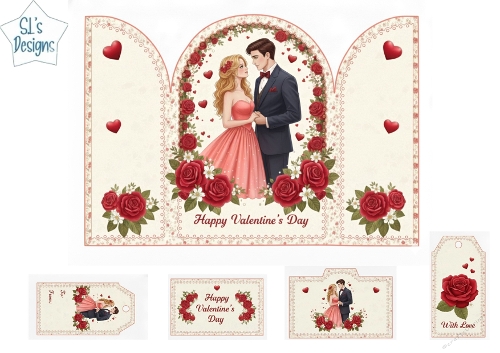 Valentines Day Card Topper with Romantic Couple and Red Rose Arch