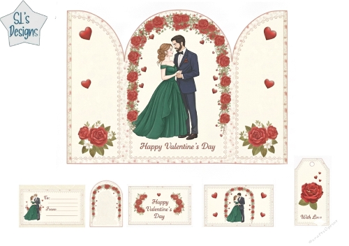 Valentines Day Card Topper with Elegant Couple and Red Rose Arch