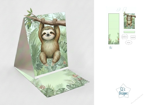 Jungle Sloth Box Card with Tropical Leaves