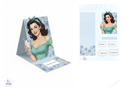 Vintage Pop-Up Card with Milkshake Girl and Floral Background