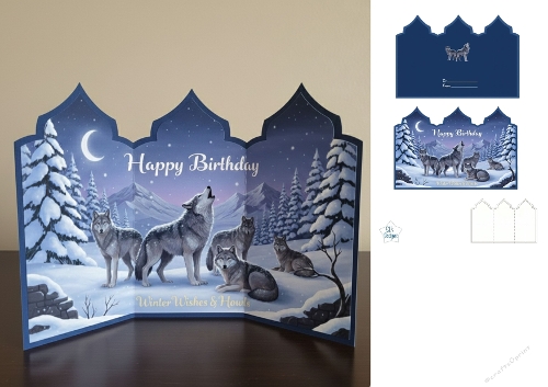 Winter Wolf Birthday Card – Howling Wishes in Snowy Moonlight