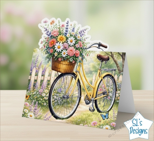 Yellow Bicycle with Floral Basket – Spring Garden Card Topper Printable