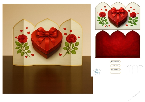 Romantic Pop-Up Heart Box Card with Roses and Sentiments
