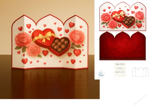 Valentines Day Card with Chocolates, Roses and Sentiment Tags