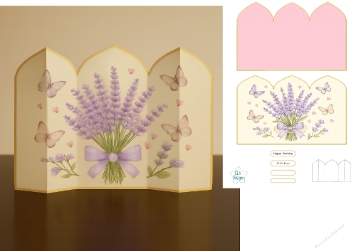 Lavender Bouquet Envelope Card with Butterflies and Sentiment Tags