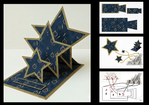 Elegant Triple Star Pop-Up Card with Gold Pocket Watch Motifs