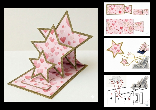 Romantic Pop-Up Star Card with Pink Hearts and Gold Glitter