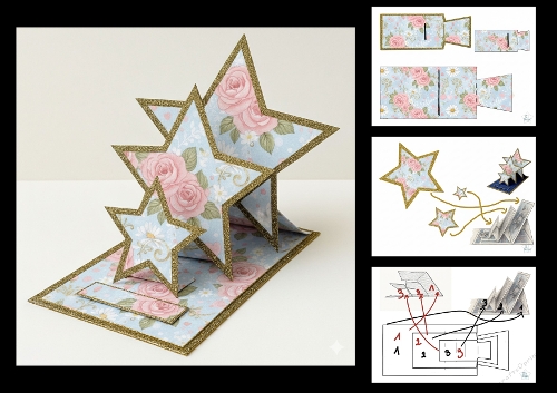 Floral Pop-Up Star Card with Pink Roses and Gold Glitter
