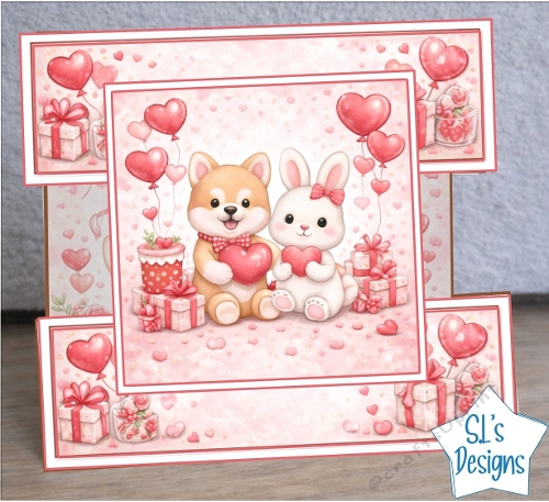 Valentine Layered Card Topper with Dog and Rabbit Holding Hearts