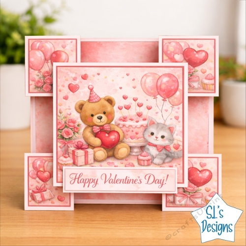 Valentine Teddy Bear & Kitten Card Kit – Cute Heart Balloon Valentine Card – Printable Paper Craft Download