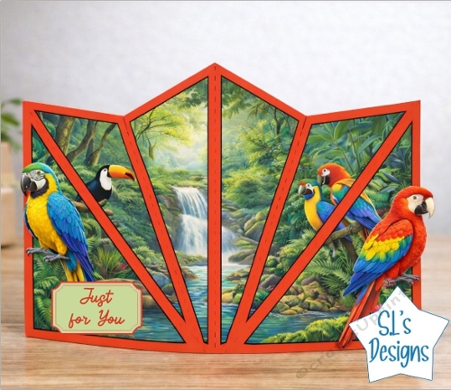 Tropical Waterfall Fan Card with Exotic Birds