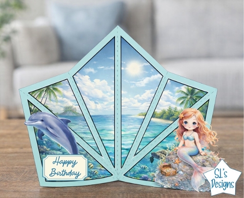 Beach Birthday Fan Card with Dolphin and Mermaid