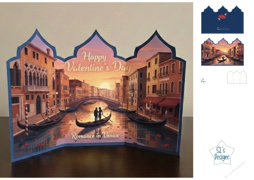 Romance in Venice Tri-Fold Valentines Day Card – Gondola Sunset Scene