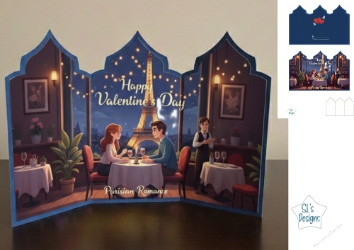 Parisian Romance Tri-Fold Valentines Day Card – Candlelit Dinner with Eiffel Tower View