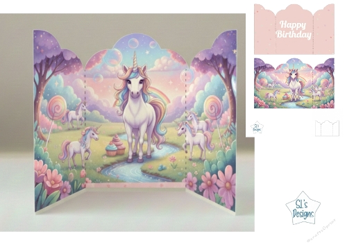 Magical Unicorn Birthday Card – Fantasy Tri-Fold with Cupcakes and Rainbows
